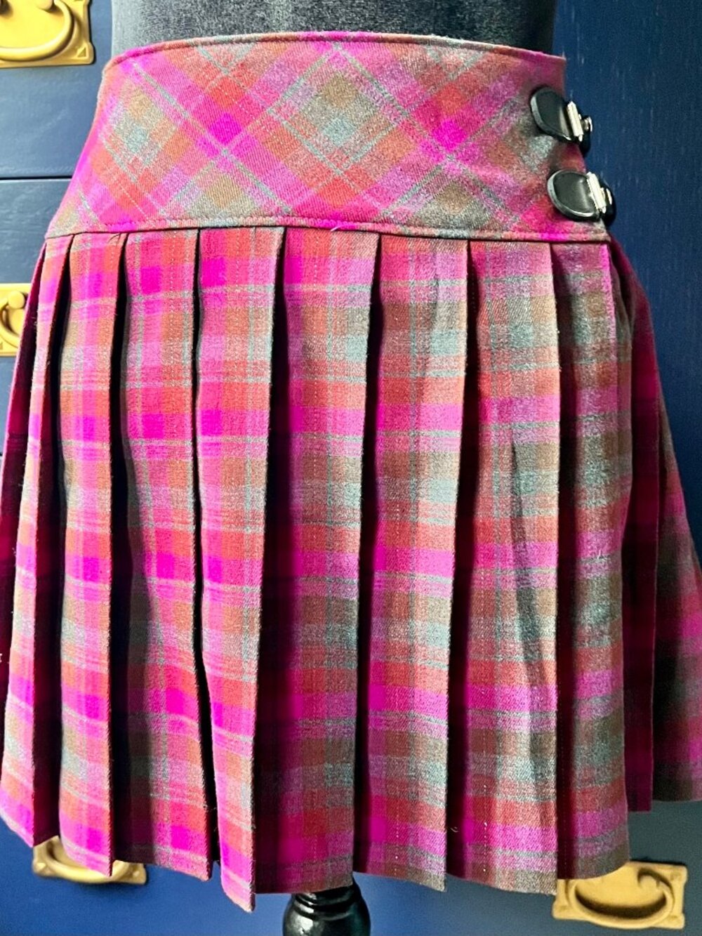 Rue 21 Pink & Brown Plaid Pleated Buckles Mini Skirt Womens XL